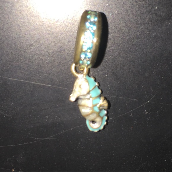 Pandora Sterling Silver Seahorse with Blue/Turquoise Crystals Dangle Charm; EUC - Picture 1 of 2